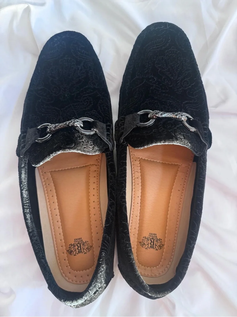 Men's Black Velvet Slip-On Loafers with Decorative Metal Bit